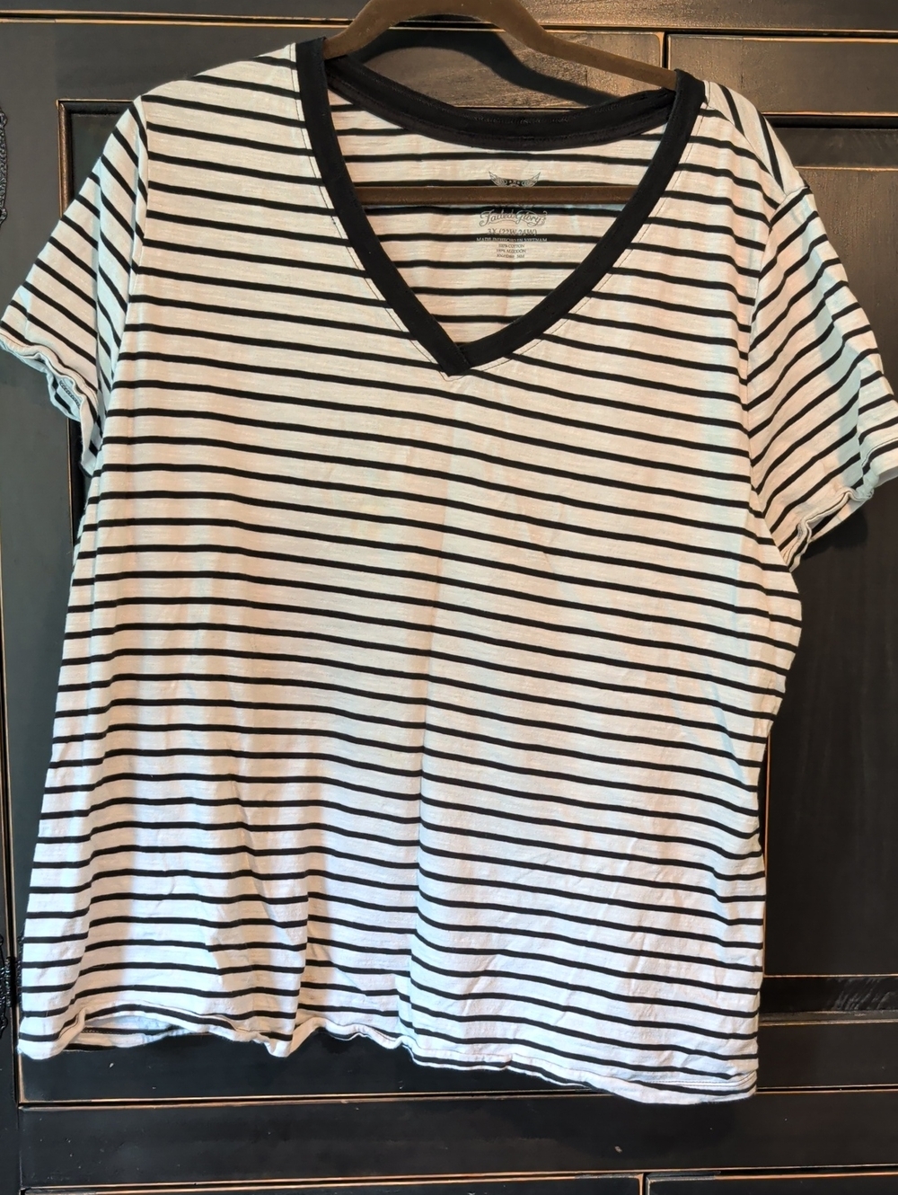 Faded Glory Black and White Striped V-Neck Tee